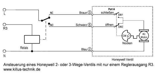 Ansteuerung des Honeywell 3- und 3-Wegeventils über ein Hilfsrelais, wenn von der Steuerung nur ein Ausgang zur Verfügung steht. Killus-technik.de