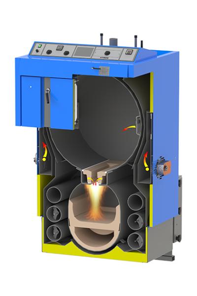 Schnittzeichnung ATMOS DC105S Holzvergaser. Bis zu 6 mm Kesselstahl.
