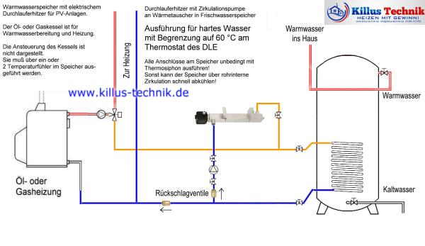 Strangschema für Öl-und Gasheitzungen mit Durchlauferhitzer mit WW-Speicher ohne Mischventil Killus-Technik.de