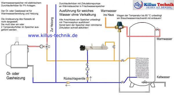 Schema für Öl-und Gasheitzungen mit Durchlauferhitzer, Brauchwassermischventil mit WW-Speicher Boiler und Pumpe Killus-Technik.de