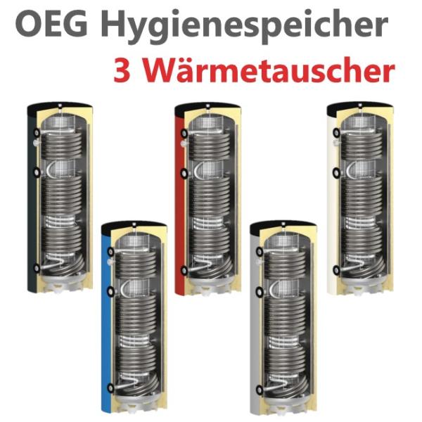 OEG Hygienespeicher Schnittzeichnung  mit 3 Wärmetauscher. Farbe: silber, rot, weiss, blau, anthrazit