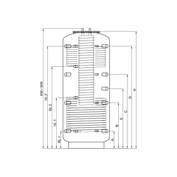 Hygiene-Kombispeicher KER2 1000 mit 2 Wärmetauscher, Durchmesser 850 mm und 90° Anschlüsse