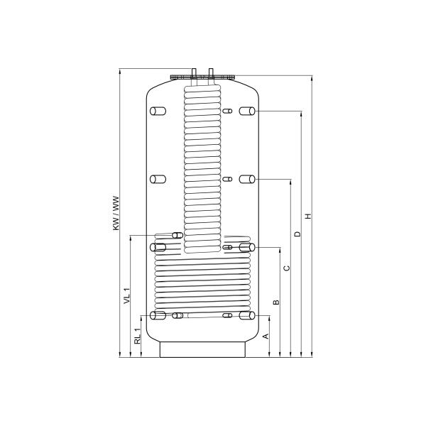 Hygiene-Kombispeicher KER 1000 mit 1 Wärmetauscher, Durchmesser 790 mm und 90° Anschlüsse