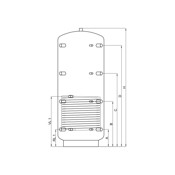 Pufferspeicher PR 300 mit 1 Wärmetauscher und 90° Anschlüsse